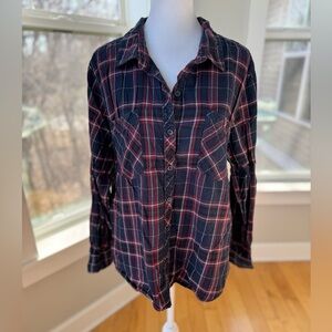 Vintage Y2K Confess Navy Blue Red Plaid Flannel Button Down Shirt Size XL